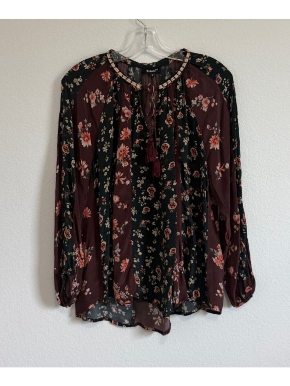 Tolani Tie Neck Long Sleeve Multicolor Floral Boho Tunic Blouse Size M